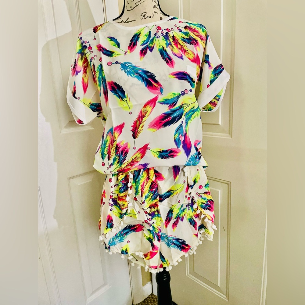 Women’s Feather Print Two-Piece Set in White with Neon Accents